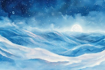 A peaceful winter landscape, abstract oil painting, with soft snow-covered hills and a silent, starry night sky.