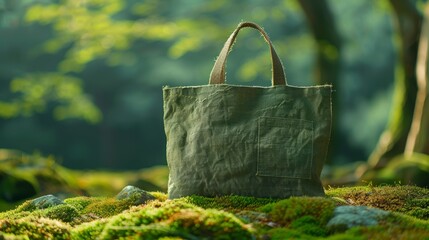 Green tote on moss, local close-up, product shooting, realistic photography, - obrazy, fototapety, plakaty