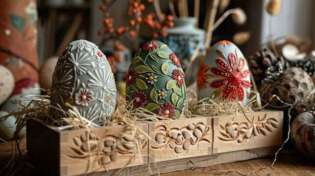 three cute carved easter eggs with modern motive in stylish little wooden boxes lined with straw