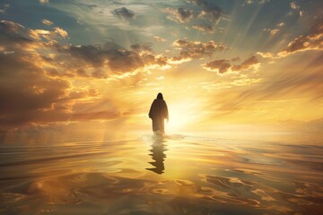 A serene illustration of Jesus Christ walking on water during a sunset, with soft golden light illuminating his figure. - obrazy, fototapety, plakaty
