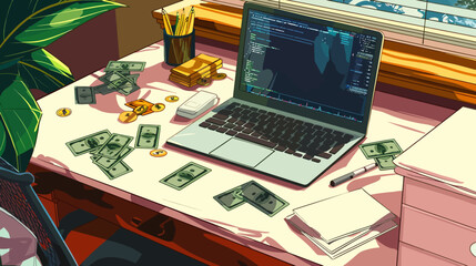 Laptop and Money, concept for making money from internet