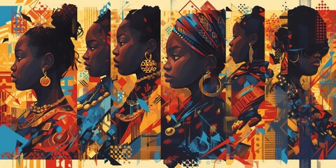 A vibrant abstract painting of five African American women,  in different shades and colors with intricate patterns. The background is filled with geometric shapes that add depth to the scene.