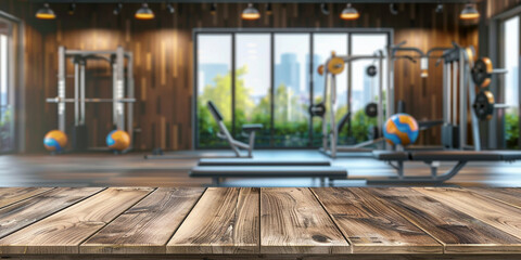 Empty old wooden table in front of blurred background of interior in the gym