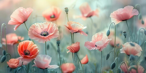 Stunning Pink Poppies Blossoming in Lush Field of Blue and Green Grass Under the Summer Sun