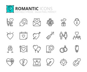 Line icons about romantic. Pixel perfect 64x64 and editable stroke