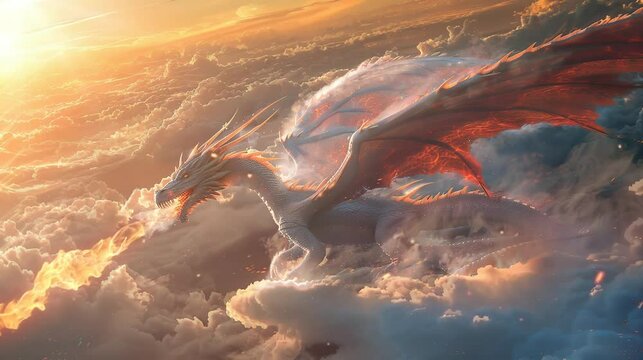 a large white dragon flying in clouds that spews fire. seamless looping time-lapse virtual 4k video Animation Background.