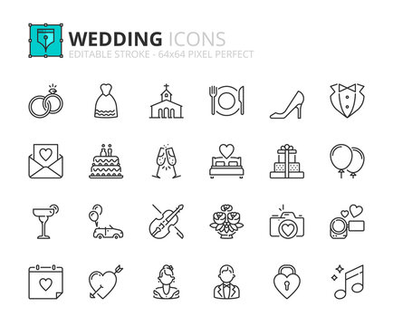 Line icons about wedding. Pixel perfect 64x64 and editable stroke