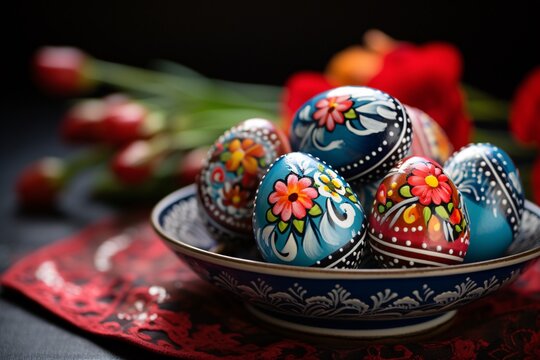 a bowl of decorated eggs