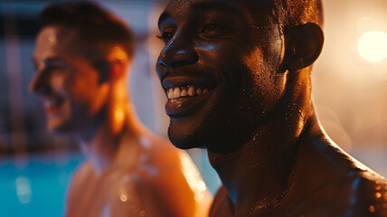 Men at swimming training, African American and Caucasian, two be - obrazy, fototapety, plakaty