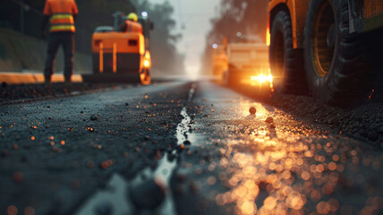 Construction site work, asphalting a road or highway with heavy - obrazy, fototapety, plakaty