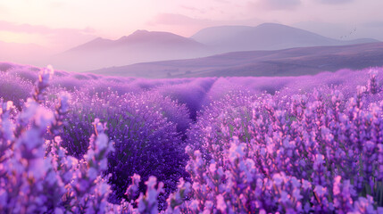 High-angle view of a blooming lavender field, designed with copy space in mind, no presence of text, logos, branding, or letters, ultra-resolution, film-style aesthetic, life-like coloration, destined