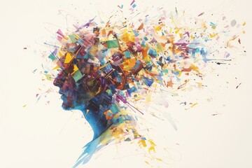 A watercolor painting depicts an abstract man with colorful hair in profile view against a white background. The artwork features dynamic splashes and splatters