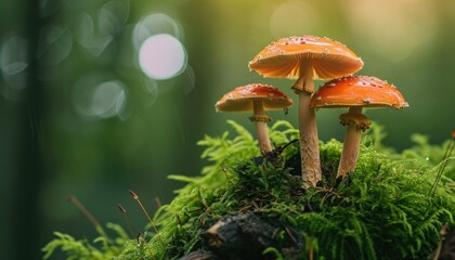 A fly agaric on a mossy bump in forest with copy space. Macro - obrazy, fototapety, plakaty