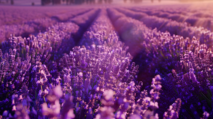 High-angle view of a blooming lavender field, designed with copy space in mind, no presence of text, logos, branding, or letters, ultra-resolution, film-style aesthetic, life-like coloration