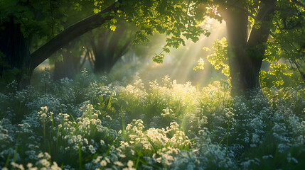 A tranquil forest clearing with sunlight filtering through the lush green canopy, illuminating a...