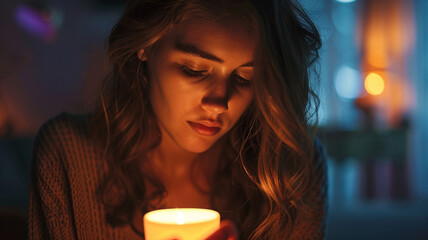 young adult woman holding a burning candle in her hand, sad and - obrazy, fototapety, plakaty