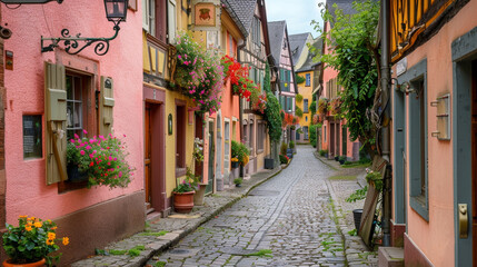 A picturesque old town with colourful facades, small shops, and window boxes full of flowers is...