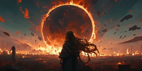 Rollo A woman with long hair stands in the foreground, facing away from us and looking at an apocalyptic landscape of fire and smoke and explosions. © Photo And Art Panda
