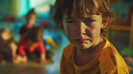 a crying toddler, a boy, in kindergarten or preschool, has small