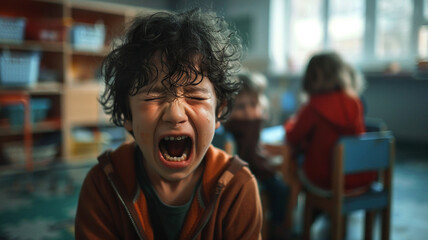 a crying toddler, a boy, in kindergarten or preschool, bullying - obrazy, fototapety, plakaty