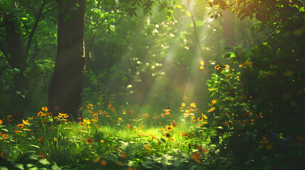 A tranquil forest clearing with sunlight filtering through the lush green canopy, illuminating a bed of wildflowers - obrazy, fototapety, plakaty