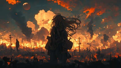 A woman with long hair stands in the foreground, facing away from us and looking at an apocalyptic landscape of fire and smoke and explosions. 