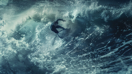 Fototapeta premium a man is a surfer and surfs a big wave in the sea in the water,
