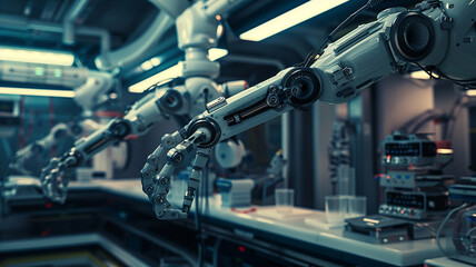 Factory and production, robotic arm in the shape of a human hand - obrazy, fototapety, plakaty