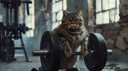 a weight dumbbell and a cat during training and weight lifting,