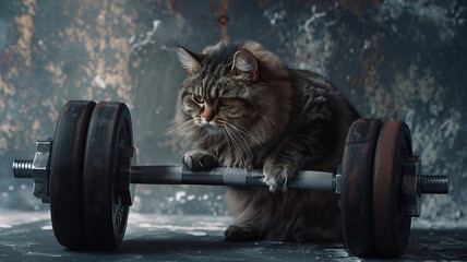 a weight dumbbell and a cat during training and weight lifting, - obrazy, fototapety, plakaty