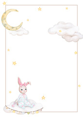 Baby bunny. Girl. Watercolor frame, background for Birthday, gender party, baby shower, children's party. Children's illustration in pastel colors. Vertical card, poster, invitation, greeting card.
