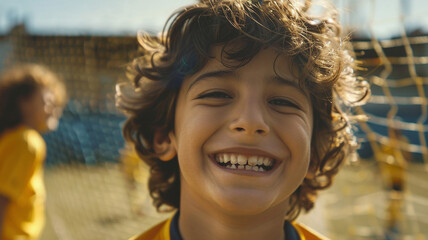 bad teeth, happy and fun, playing soccer with friends outdoor, d