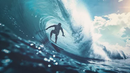 Gordijnen silhouette surfing surfer on high wave in the water in the ocean © wetzkaz