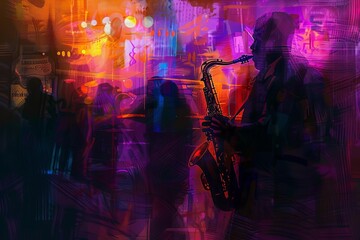 Dimly lit jazz club, saxophone weaving through neon-drenched room, shadowy figures, digital painting - obrazy, fototapety, plakaty