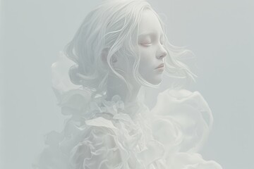 a surrealistic photography of albino woman with long curly hair made from white cotton, her face is covered by cloud and mist, soft light on the white background