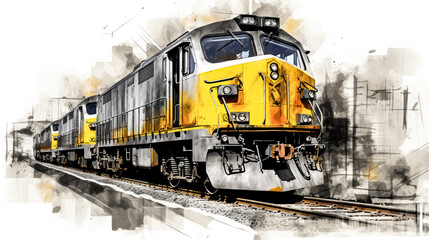 Fototapeta na wymiar A charming watercolor sketch of a train with yellow gray lines