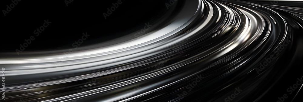Poster luminous curves in shimmering silver cascade against darkened backdrop,depicting dynamic motion and 