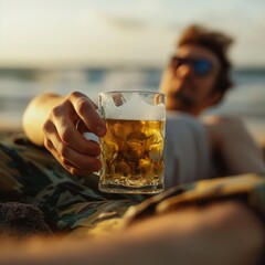 Man resting on the beach, drinking beer, relaxation on the beach, cold beer, unwinding after work, non-alcoholic beer on the beach, NoLo, vacation, carefree relaxation,