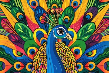 Graphic design of a peacock displaying its colorful feathers.