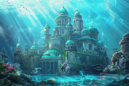 Enchanting mermaid palace under the sea, underwater fantasy architecture, digital painting