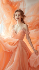 Woman wearing peach color dress stands in front of peach backdrop  vertical