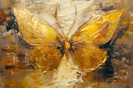 Freehand abstract golden butterfly art, modern oil painting on canvas, textured brush strokes