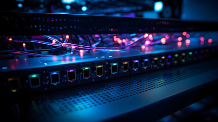 Obraz premium A network server's switch panel, where multiple fiber optic cables with glowing LED lights, highlighting the advanced technology that powers data communications