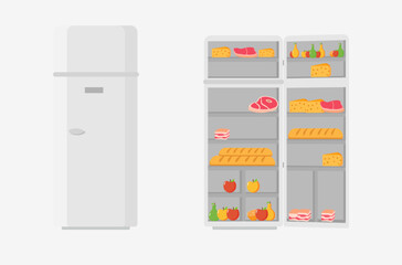 Flat refrigerator vector. Closed and open empty refrigerator. Blue refrigerator with healthy food, water, meat, vegetables. Illustration of a refrigerator with food or empty shelf
