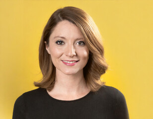 portrait of a smiling woman middle aged candid caucasian posing in wide shots in yellow background