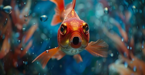 Close-up of a colorful goldfish surrounded by bubbles in a deep blue aquatic environment. - obrazy, fototapety, plakaty