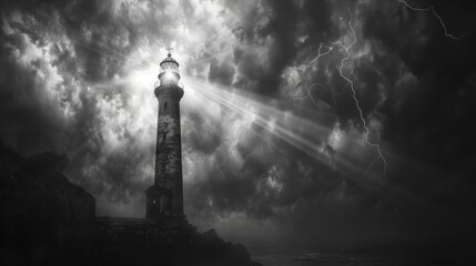 A monochrome image depicting a lighthouse standing resilient against a backdrop of a thunderstorm and piercing light rays.