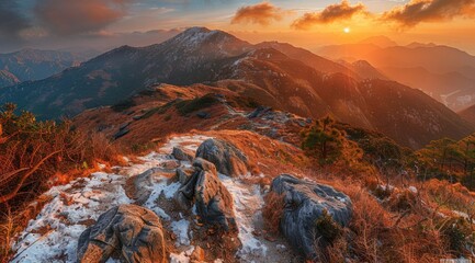 golden hour, red mountain peak, panoramic view, sunset, stunning landscape photography Generative AI - obrazy, fototapety, plakaty