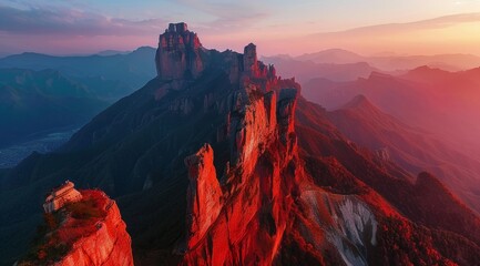 red peak and rocky surface at sunset The mountain is surrounded by mountains under the setting sun, creating an epic scene Generative AI - obrazy, fototapety, plakaty