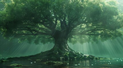 A mystical tree exudes a radiance through its branches, illuminating the still waters of an enchanted forest glade with magical light. - obrazy, fototapety, plakaty